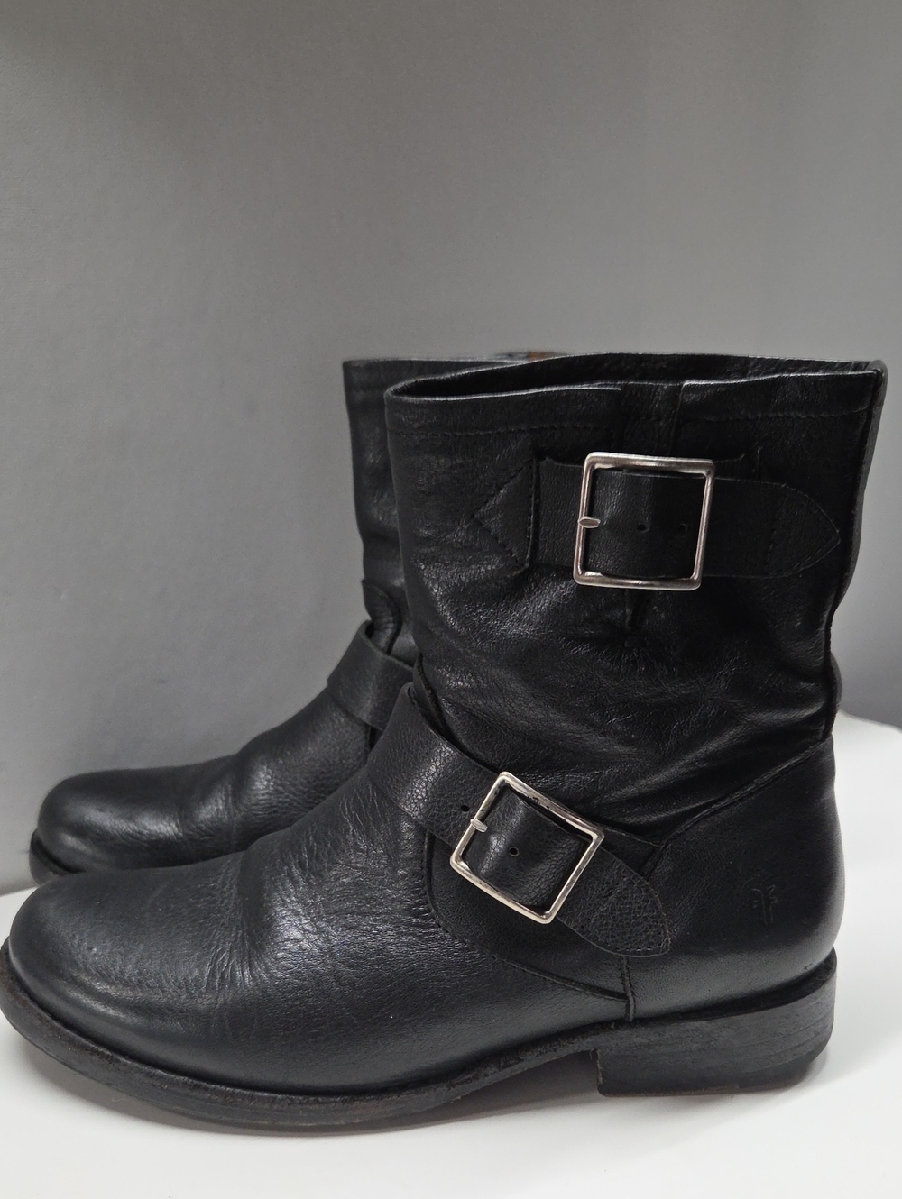 Frye Black Leather Combat Moto Boots with Buckles Size 7.5
